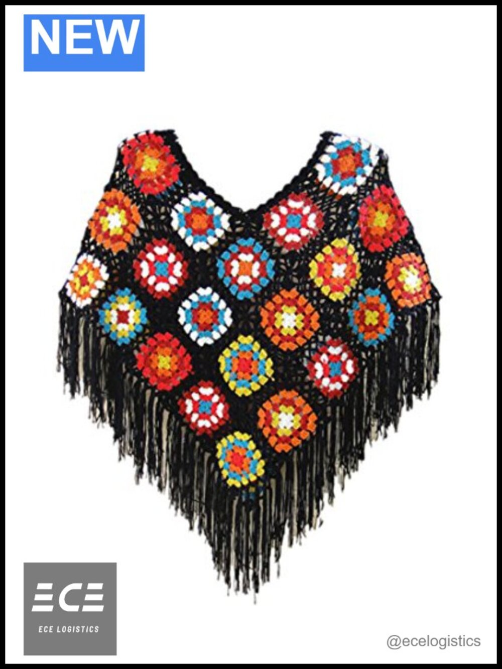 Handmade Crochet Granny Square Poncho Fringed Wrap Sweater